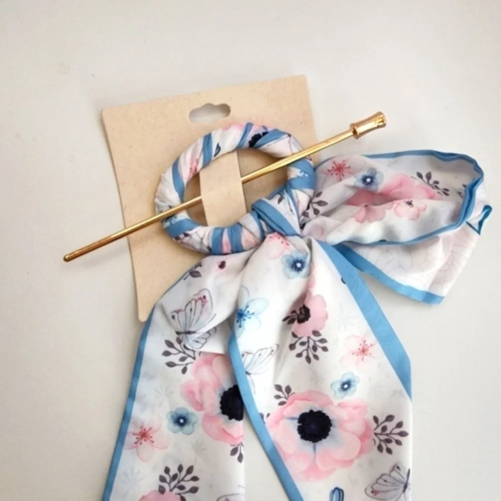 NEW Silky Floral Scarf Hair Barrette Pastel Blue Trim Boutique Hair Pin